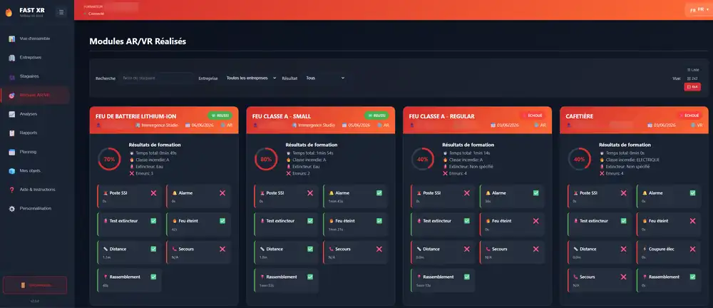 FAST XR-dashboard: resultater fra modulene med score, tid, brandklasse, slukningsmiddel og deltagerens handlinger
