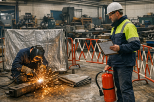 Saldatore in cantiere con punti caldi, sorvegliato da un responsabile sicurezza con licenza per l’uso della pistola e dell’estintore a portata di mano