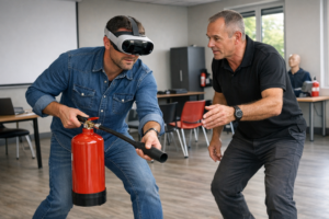 Stagista con il casco Meta Quest 3, che tiene in mano un vero estintore CO2 per allenarsi al gesto, accompagnato da un istruttore antincendio