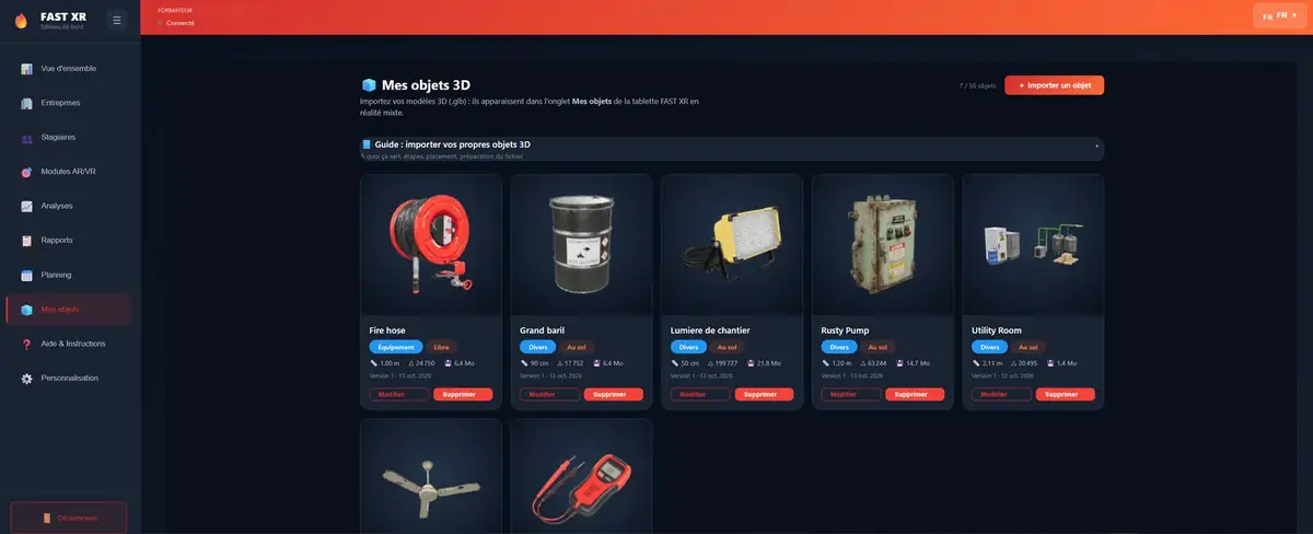 FAST XR-dashboard: biblioteket "Mine 3D-objekter" med de modeller, der er importeret af formulereren